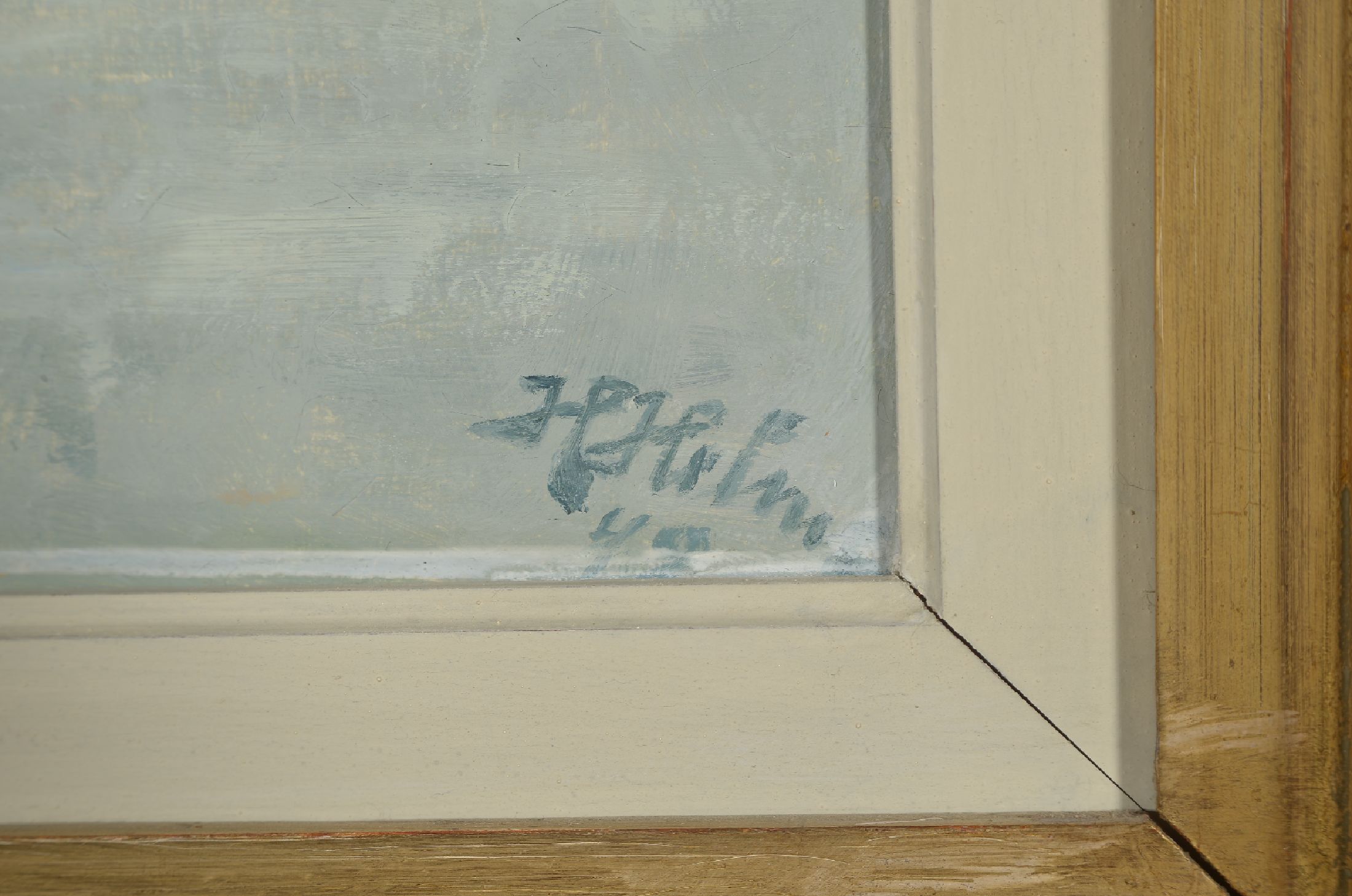 Detail a: Helge Helme, 1894 Roskilde-1987 Kopenhagen, Hafenansicht, Frau wird mit einem Kahn übergesetzt, Öl/Lwd, rechts unten sign. und dat. 49, ca. ...