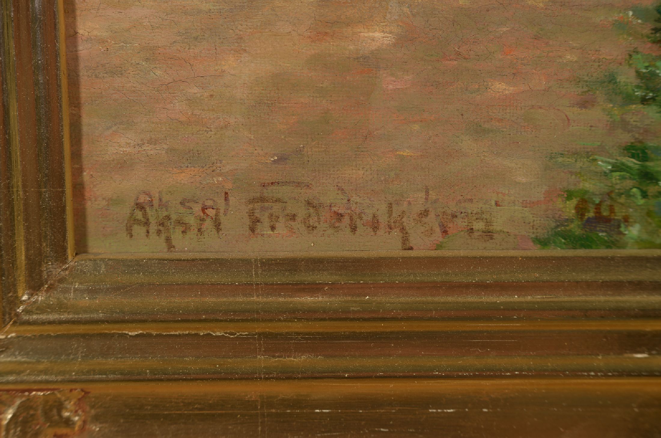 Detail a: Axel Frederiksen, 1881 Aarhus-1961, Sommerliche Landschaft mit Bachlauf und Bauernhaus, Öl/Lwd, links unten signiert, ca. 44x63cm, R. ca. 57x75cm