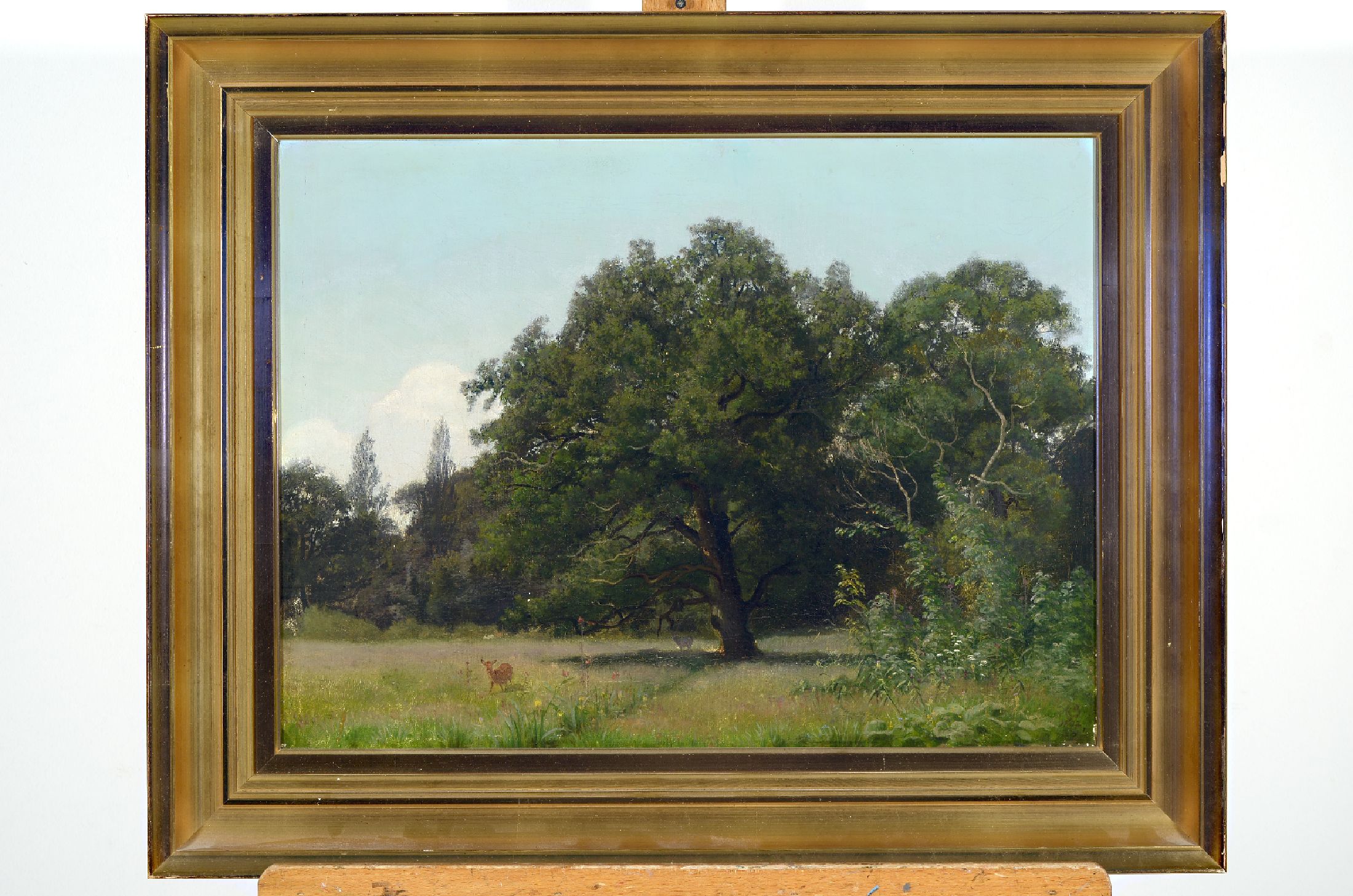 Hans Ole Brasen, 1849 Hilleröd-1930 Kopenhagen, Landschaft mit Baum bestandener Lichtung und Reh, Öl/Lwd, rechts unten monogr. und dat. 1872, ca. ...