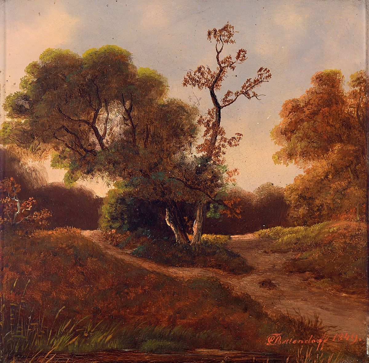 C.E. Bettendorff, datiert 1849, Herbstliche Landschaft mit Weggabelung, Öl/Holz, rechts unten sign. und dat., ca. 20x21cm, R.
