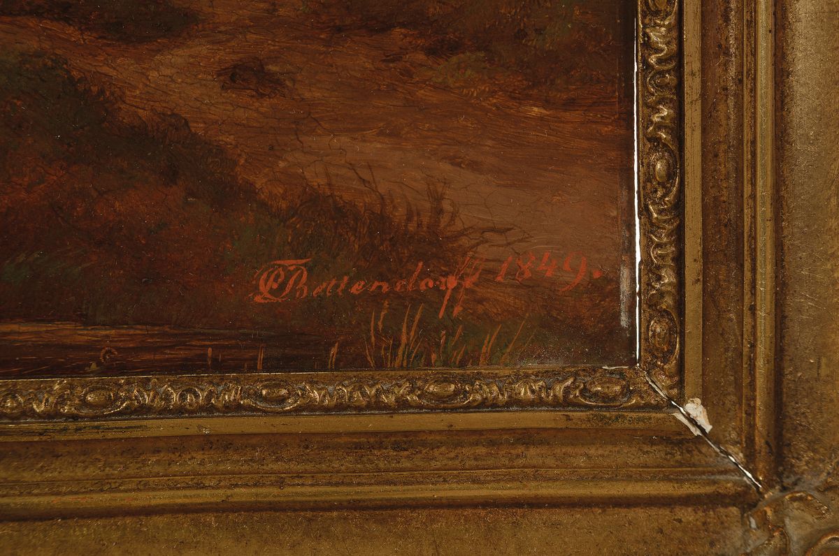 Detail a: C.E. Bettendorff, datiert 1849, Herbstliche Landschaft mit Weggabelung, Öl/Holz, rechts unten sign. und dat., ca. 20x21cm, R.