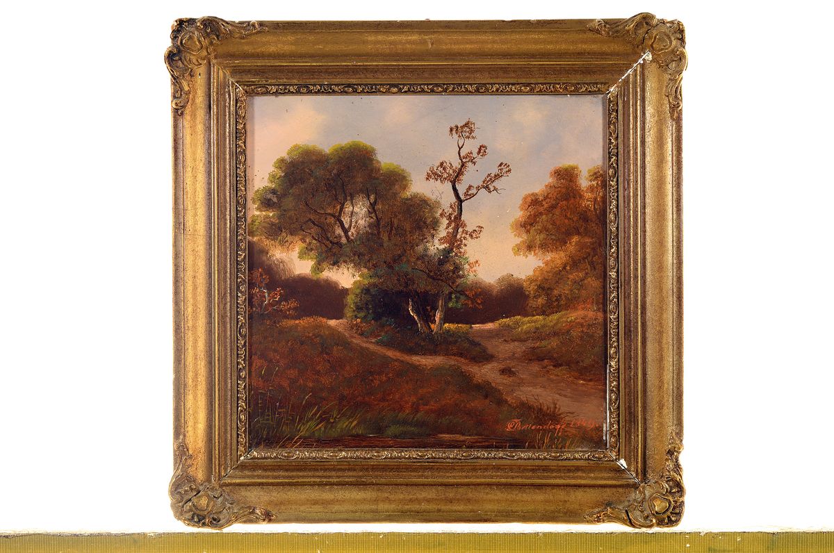 Detail k: C.E. Bettendorff, datiert 1849, Herbstliche Landschaft mit Weggabelung, Öl/Holz, rechts unten sign. und dat., ca. 20x21cm, R.