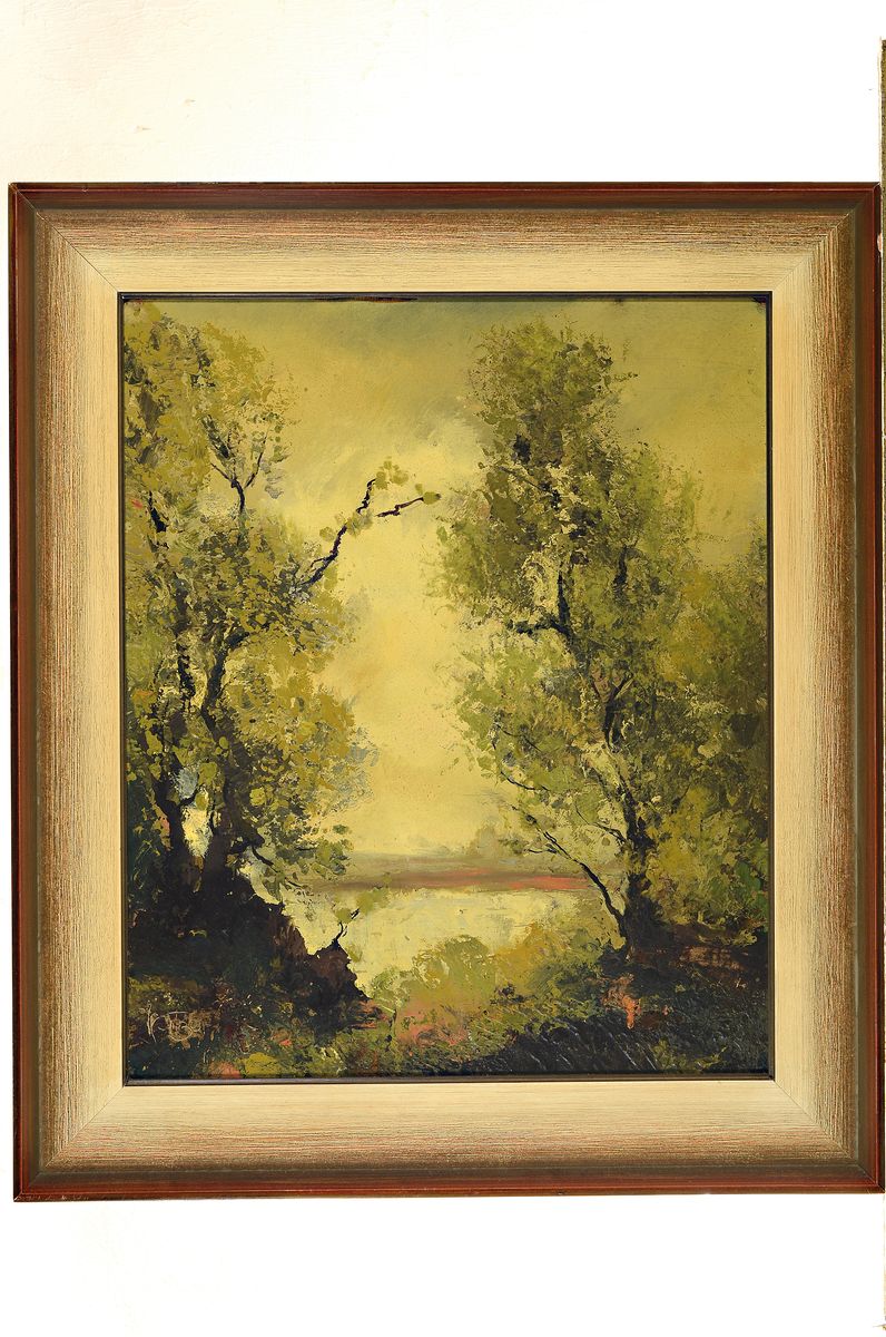 Detail k: Karl Philipp Spitzer, 1887-1954 Speyer, Landschaft am Altrhein, Öl/Hartfaser, links unten signiert, ca. 50x40cm, R. ca. 62x52cm