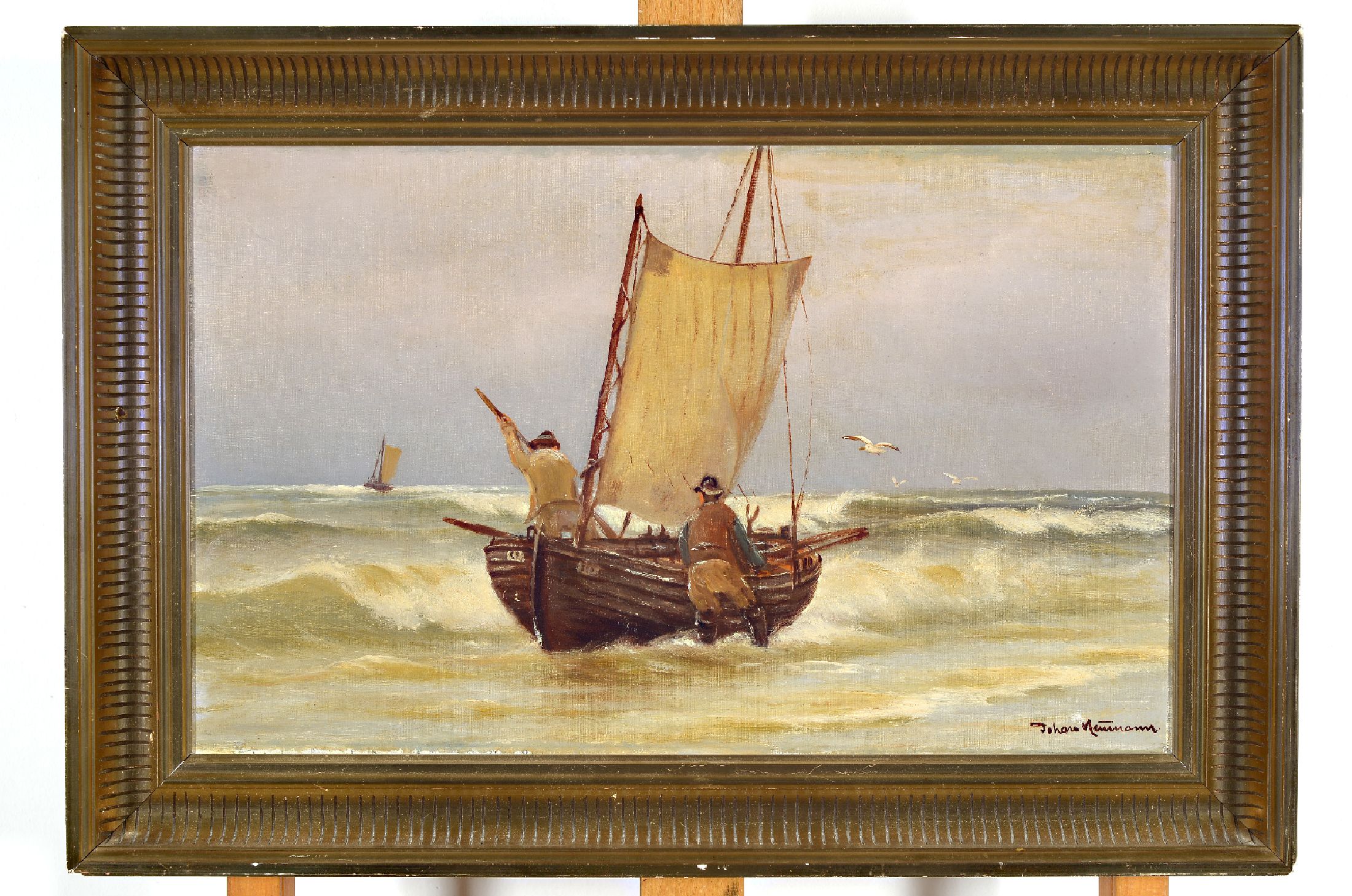 Johann Jens Neumann, 1860-1940 Kopenhagen, Fischerboot am Strand, Öl/Lwd, rechts unten signiert, ca. 30x48cm, R. ca. 48x57cm