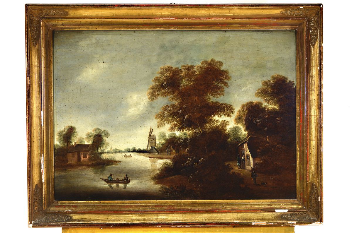 Detail k: Monogrammist GDL, Niederlande, um 1830-40, Landschaft mit Fluss, Windmühle und Personen, Öl/Holz, rechts unten monogr., ca. 59x82cm, R. ca. 73x98cm