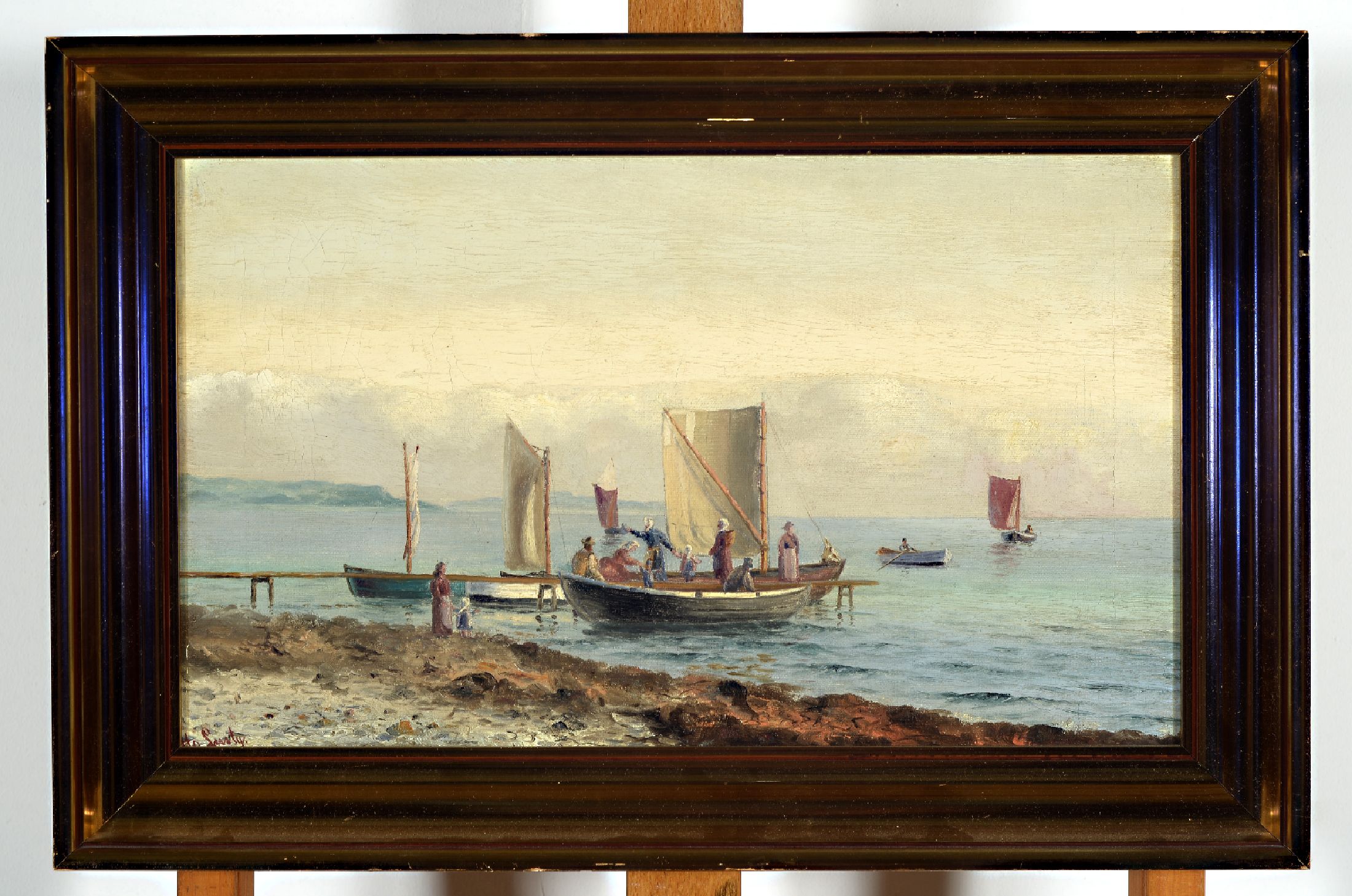 Otto Lusty (auch Lustig), 1886-1965, Anlegendes Boot mit Ausflüglern, Öl/Lwd, links unten sign., ca. 26x44cm, R. ca. 36x54cm