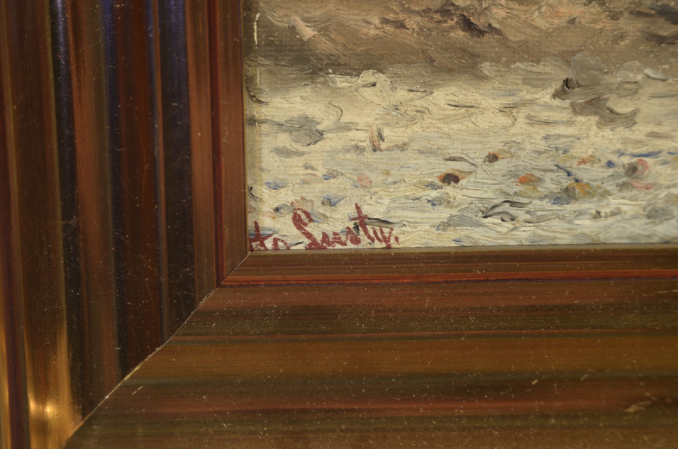Detail a: Otto Lusty (auch Lustig), 1886-1965, Anlegendes Boot mit Ausflüglern, Öl/Lwd, links unten sign., ca. 26x44cm, R. ca. 36x54cm