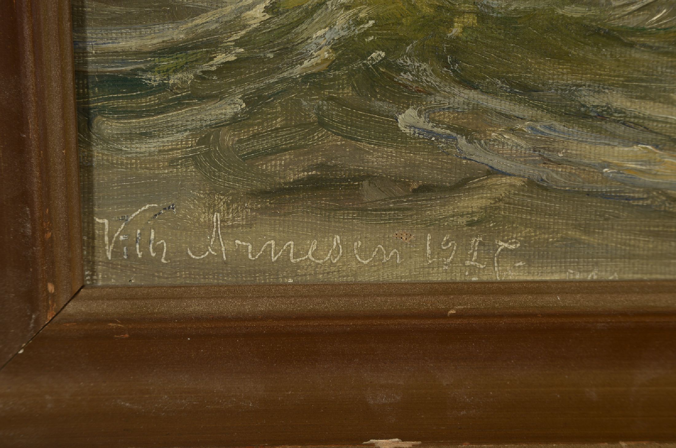Detail a: Vilhelm Arnesen, 1865 Flensburg-1948 Kopenhagen, Blick auf eine Hafeneinfahrt, Öl/Lwd, links unten sign., ca. 37x51cm, R.ca. 45x59cm