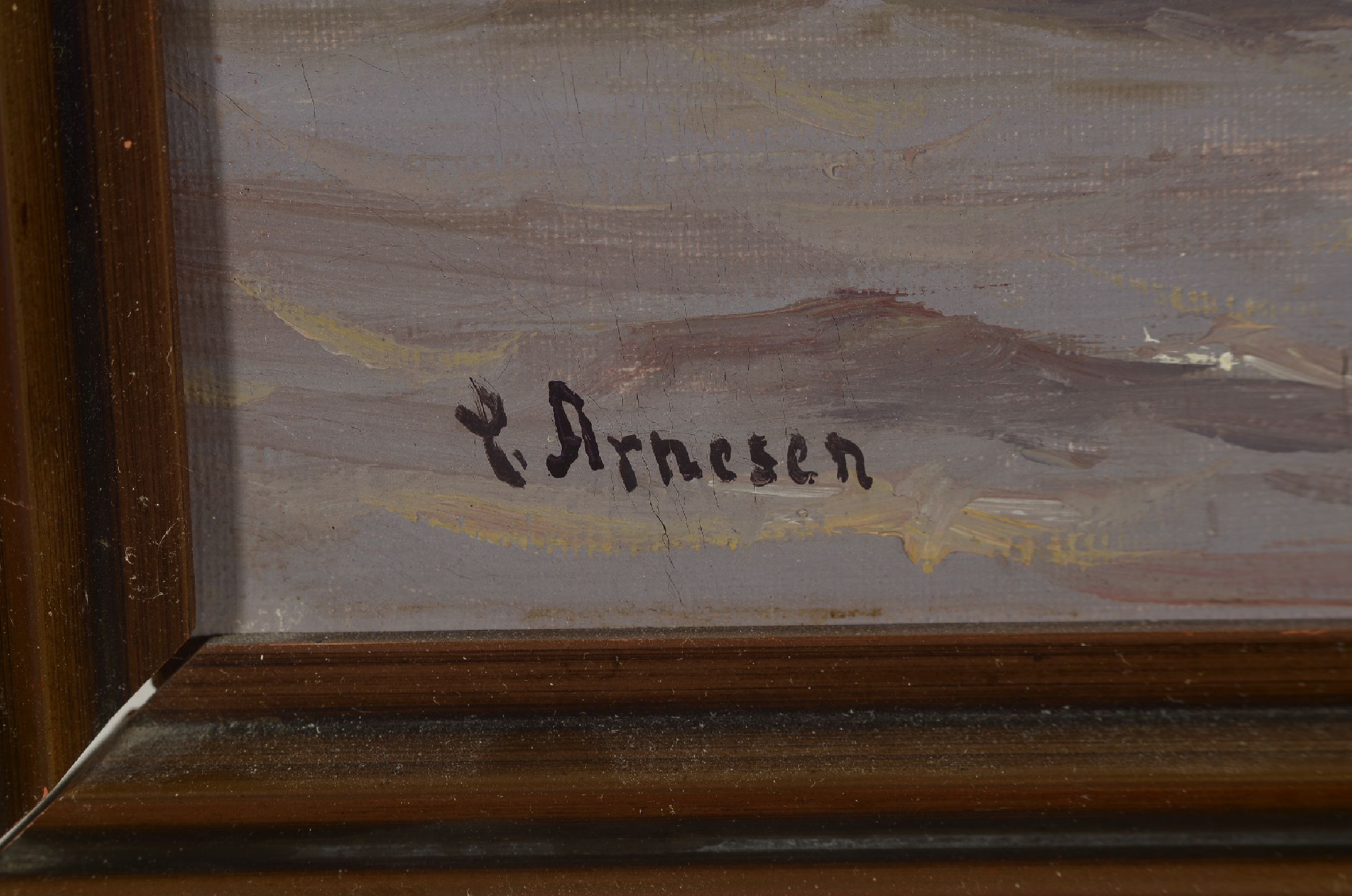 Detail a: Vilhelm Arnesen, 1865 Flensburg-1948 Kopenhagen, Segelboot auf ruhiger See, Öl/Lwd, links unten sign., ca. 32x47cm, R. ca. 40x55cm
