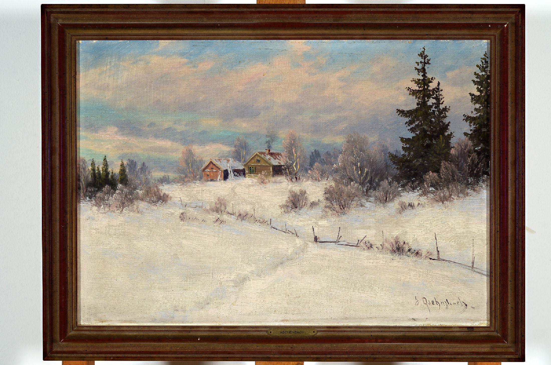 Ernst Aschenbach, 1872-1954, Verschneite Winterlandschaft mit Bauernhäusern, Öl/Lwd, rechts unten signiert, ca. 30x43cm, R. ca. 37x50cm