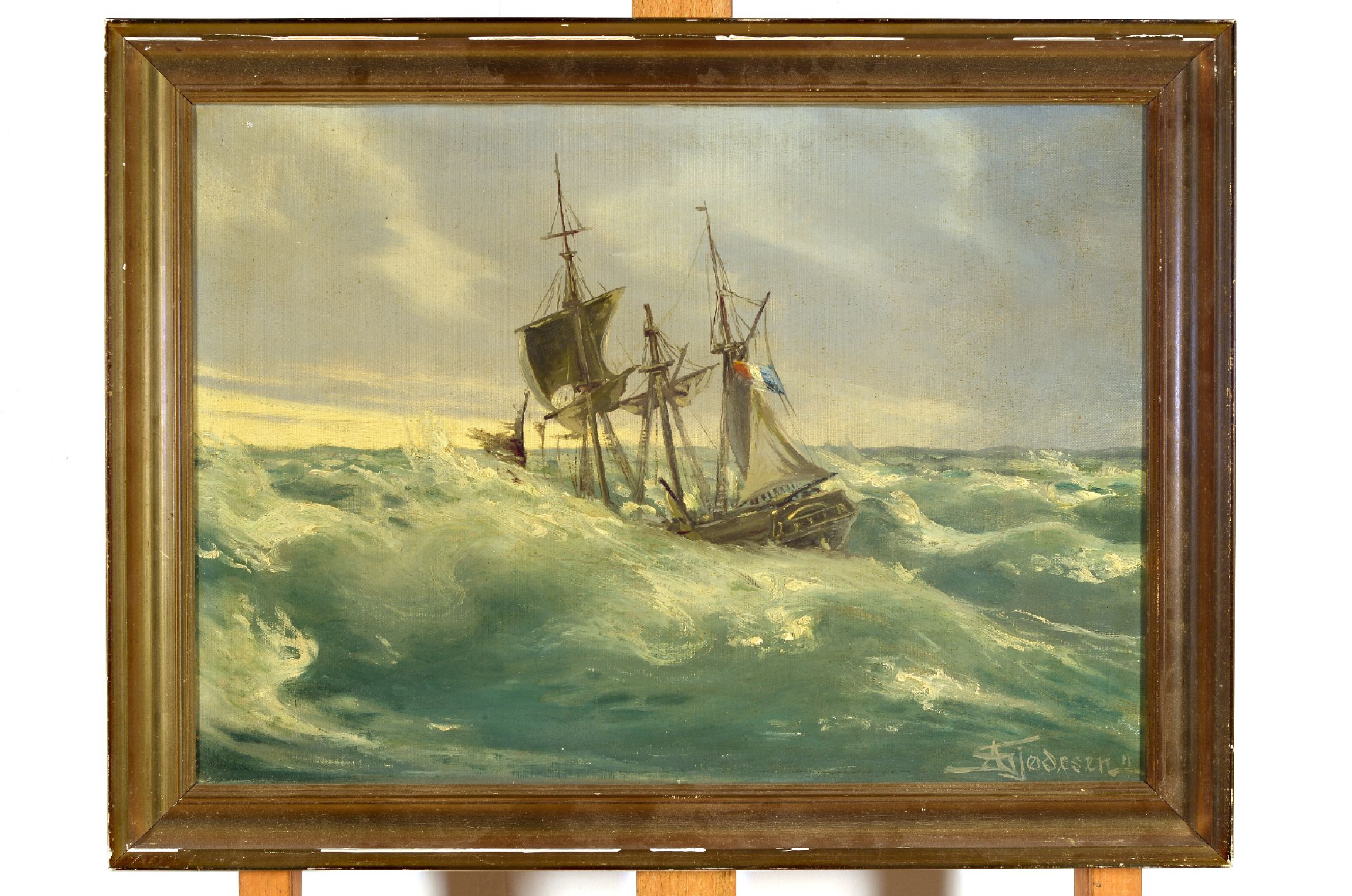 Aage Gjödesen, 1863-1939, Segelschiff auf rauer See, Öl/Lwd, rechts unten signiert, ca. 35x49cm, R. ca. 41x55cm