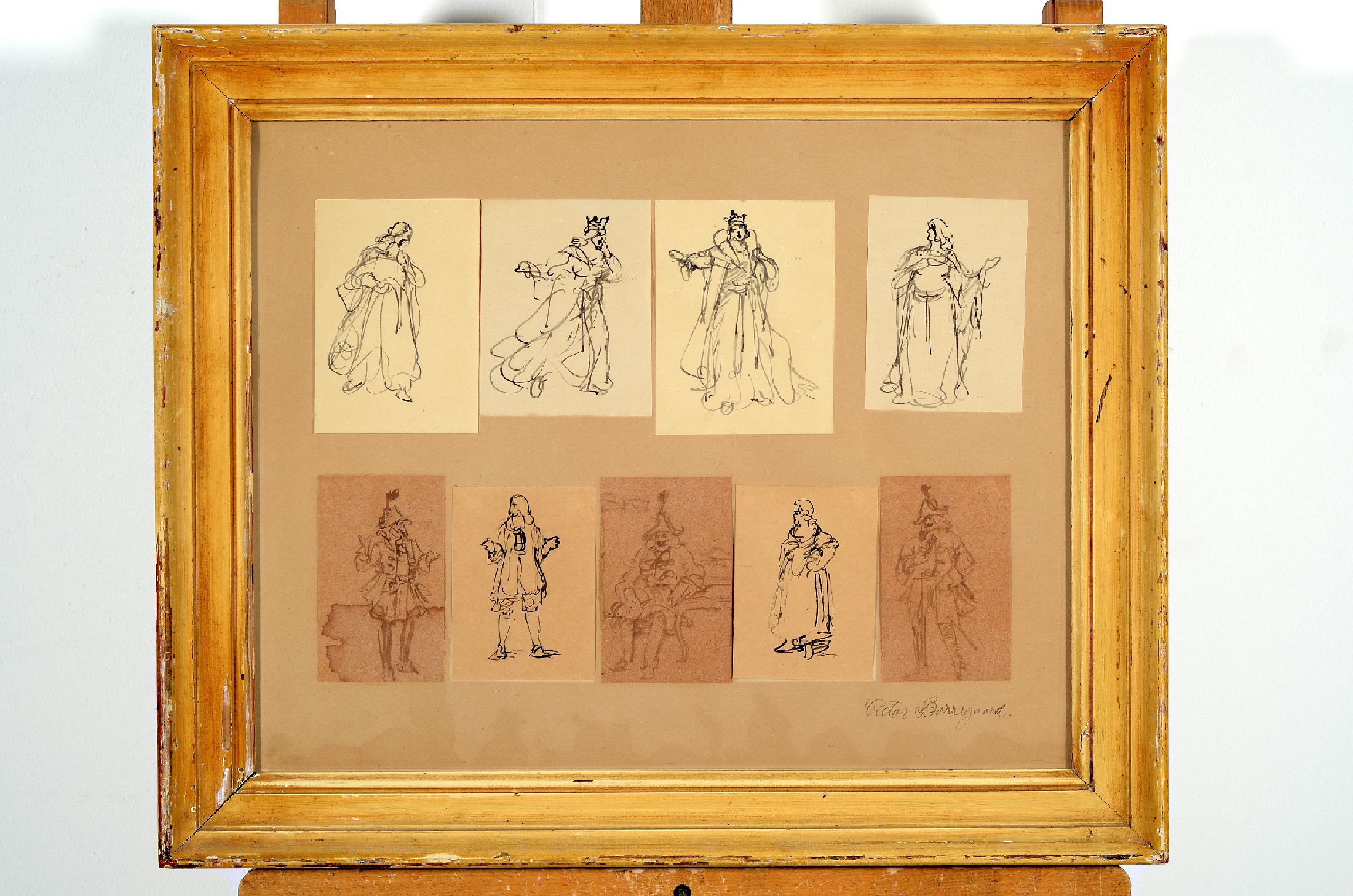 Victor Barregard, 1875-1939, 9 Zeichnungen in Tuschfeder auf Papier (gebräunt), wohl Kostümentwürfe, je ca. 12x8cm, u.Gl., in einem Rahmen ca. ...