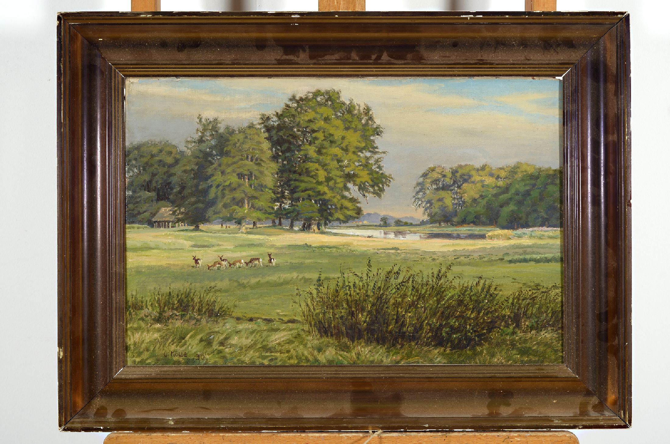 Christian Claus Kölle, 1858-1940, weidende Rehe auf einer Wiese, Öl/Lwd, links unten signiert, ca. 32x48cm, R. ca. 44x60cm