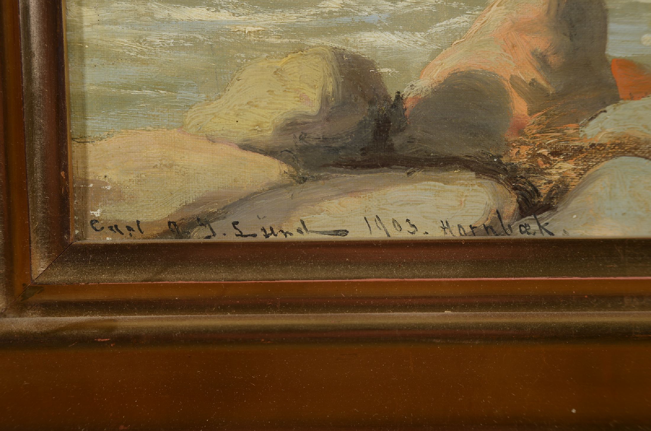 Detail a: Carl Ove Julian Lund, 1857-1936 Kopenhagen, Uferbefestigung am Meer, Öl/Lwd, links unten signiert und dat. 1903 Hornbaek, ca. 40x50cm, R. ca. 56x64cm
