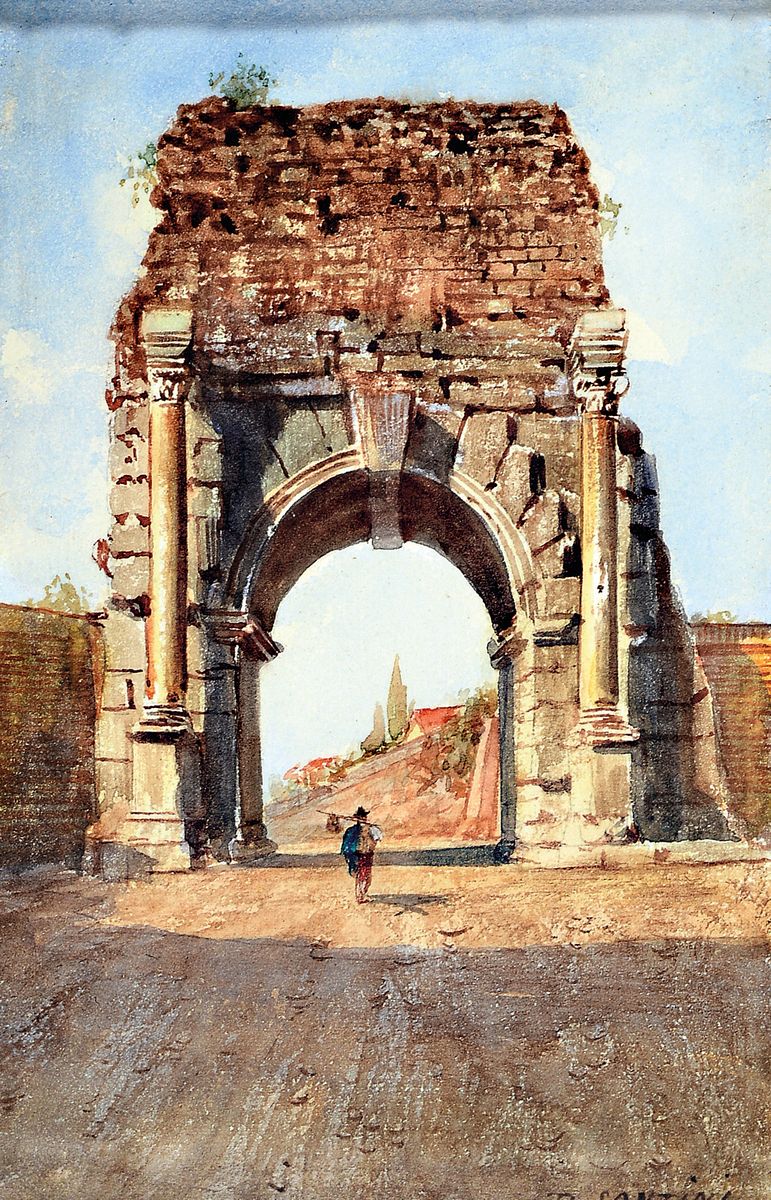 Dario Santini, 1874-1924, Triumpfbogen des Kaiser Galerius, Aquarell auf Papier, rechts unten signiert, ca. 17x11cm, u.Gl., R. ca. 28x20cm