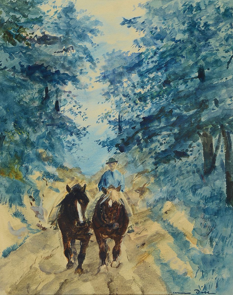 Otto Dill, 1884 Neustadt a.d. Weinstr.-1957 Bad Dürkheim, Bauer mit zwei Pferden einen Hohlweg entlang kommend, Aquarell auf Papier, rechts unten ...