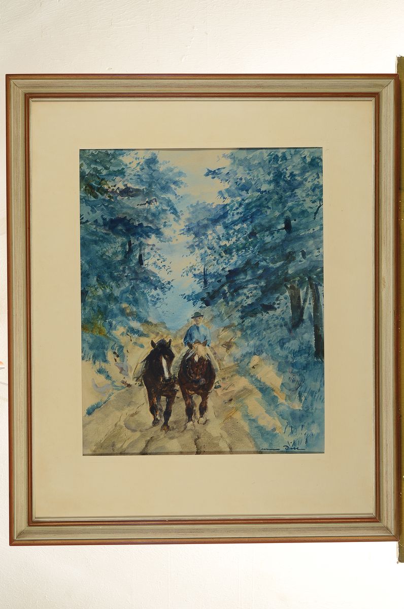 Detail k: Otto Dill, 1884 Neustadt a.d. Weinstr.-1957 Bad Dürkheim, Bauer mit zwei Pferden einen Hohlweg entlang kommend, Aquarell auf Papier, rechts unten ...