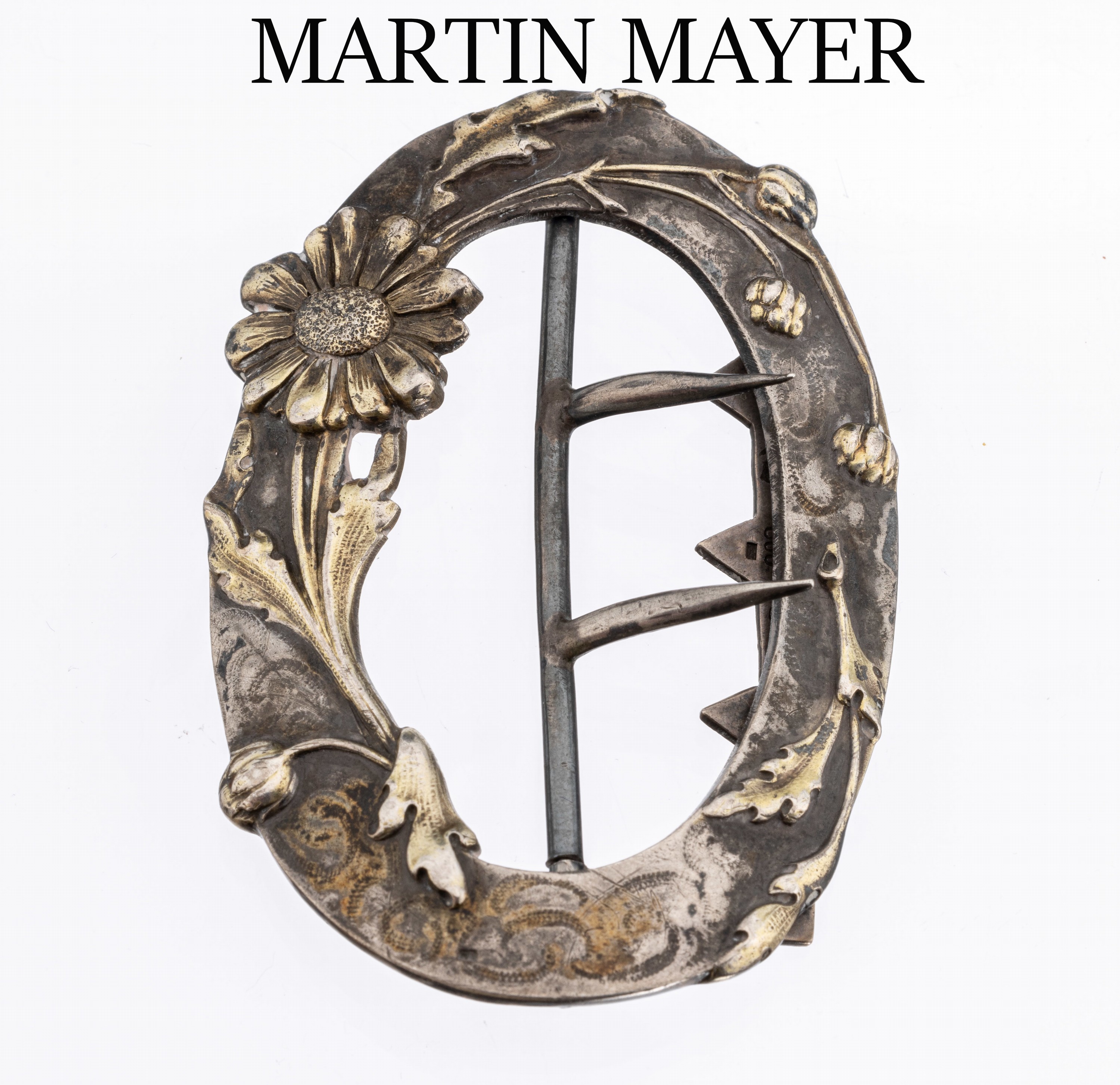 Jugendstil-Gürtelschließe, deutsch um 1900, 800er Silber, teilvergoldet, Meistermarke Martin Mayer/Mainz, überaus feine Ausarbeitung mit ...
