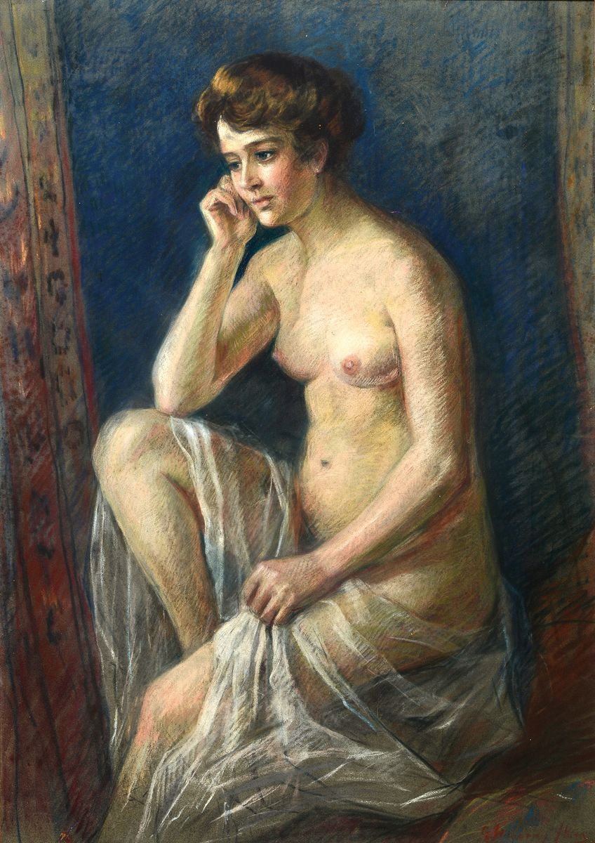 Unbekannter Künstler, um 1920-30, Sitzender Akt, Pastell auf Papier, rechts unten unleserlich signiert, min. besch., ca. 92x65cm, u.Gl., R. ca. ...