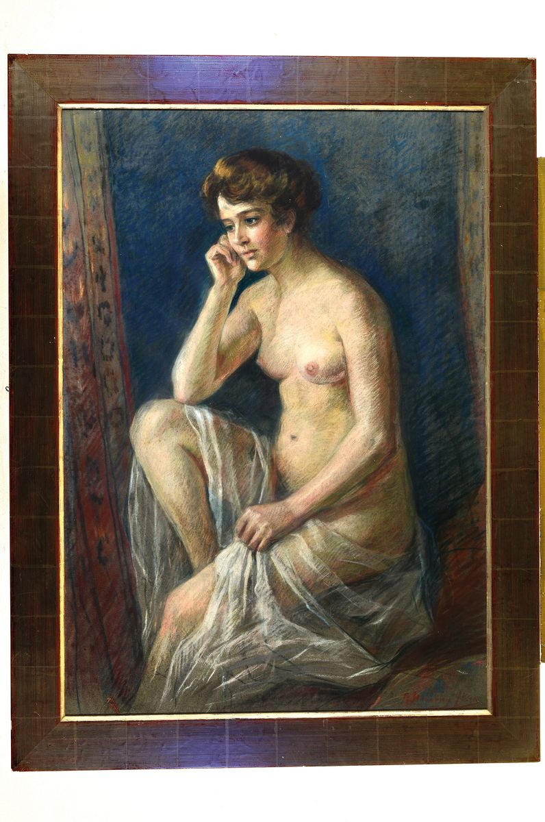 Detail k: Unbekannter Künstler, um 1920-30, Sitzender Akt, Pastell auf Papier, rechts unten unleserlich signiert, min. besch., ca. 92x65cm, u.Gl., R. ca. ...