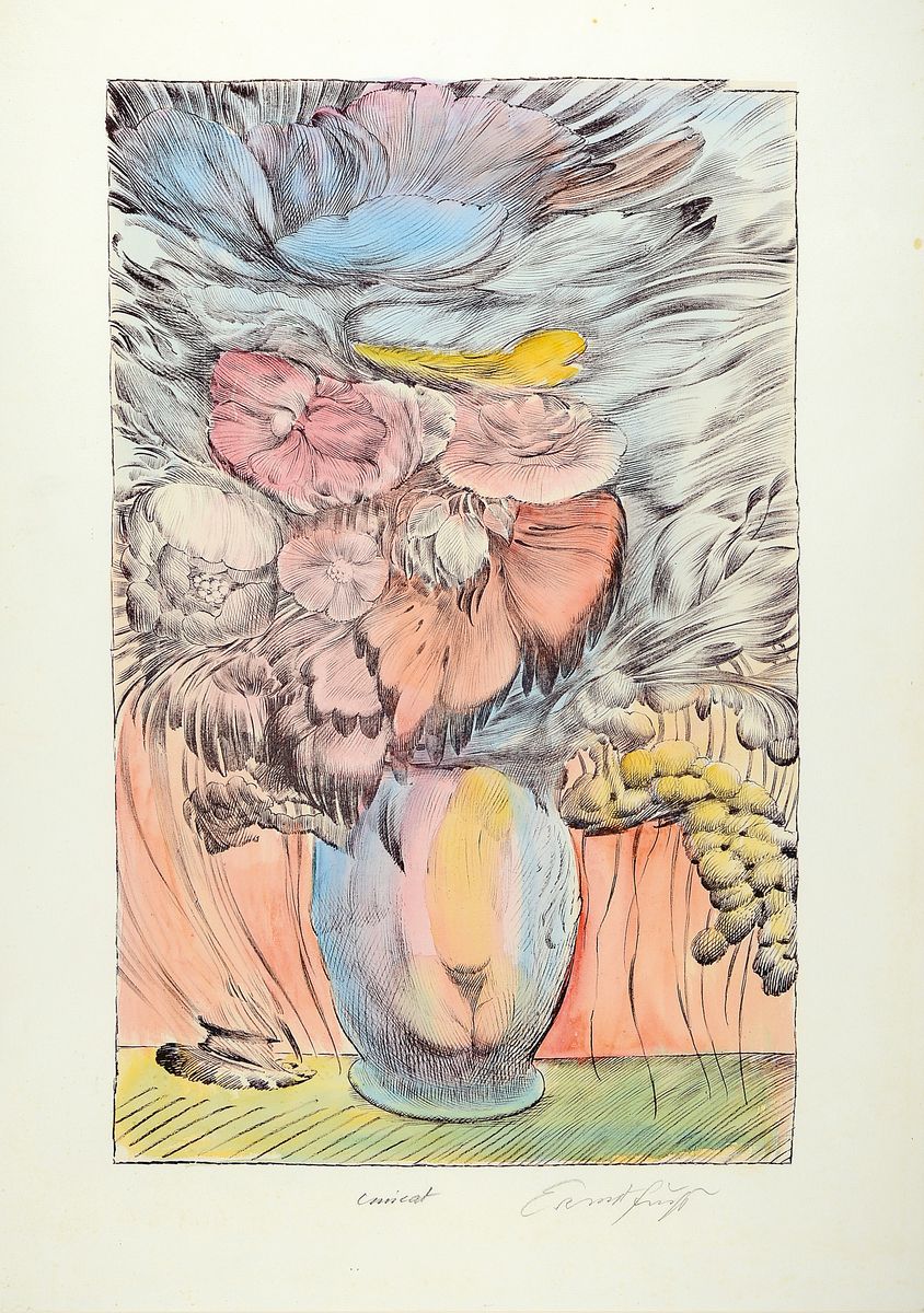 Ernst Fuchs, 1930-2015, Blumenstillleben, Lithographie mit Hand aquarelliert, handsign. und bez.: Unikat, ca. 59x37cm, u.Gl., R. ca. 87x68 cm