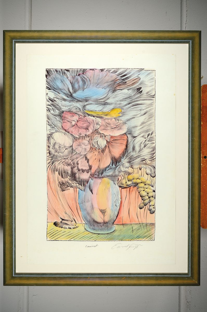 Detail k: Ernst Fuchs, 1930-2015, Blumenstillleben, Lithographie mit Hand aquarelliert, handsign. und bez.: Unikat, ca. 59x37cm, u.Gl., R. ca. 87x68 cm