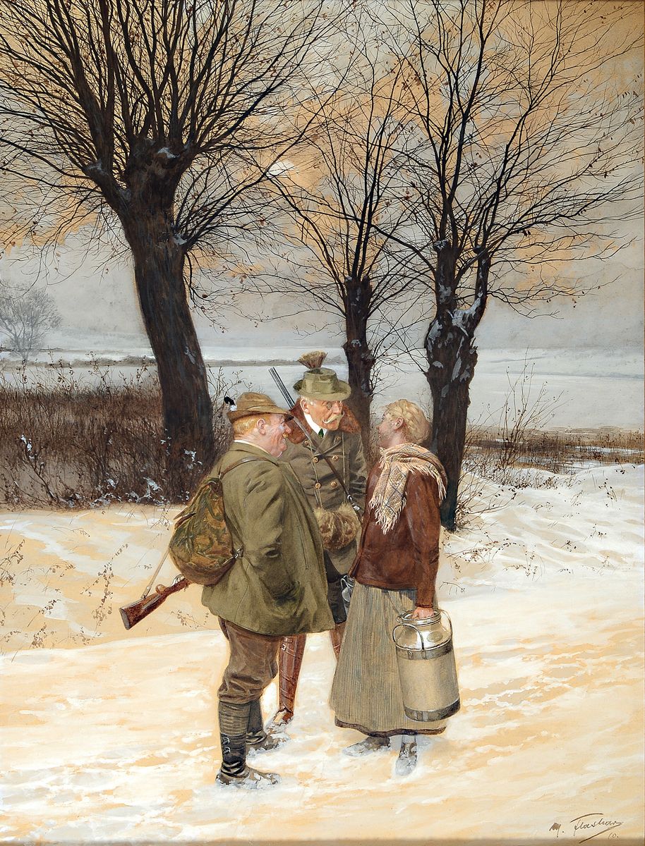 Max Flashar, 1855 Berlin-1915 München, Verschneite Landschaft mit zwei Jäger im Gespräch mit einer jungen Bäuerin, feines Aquarell auf Papier, ...