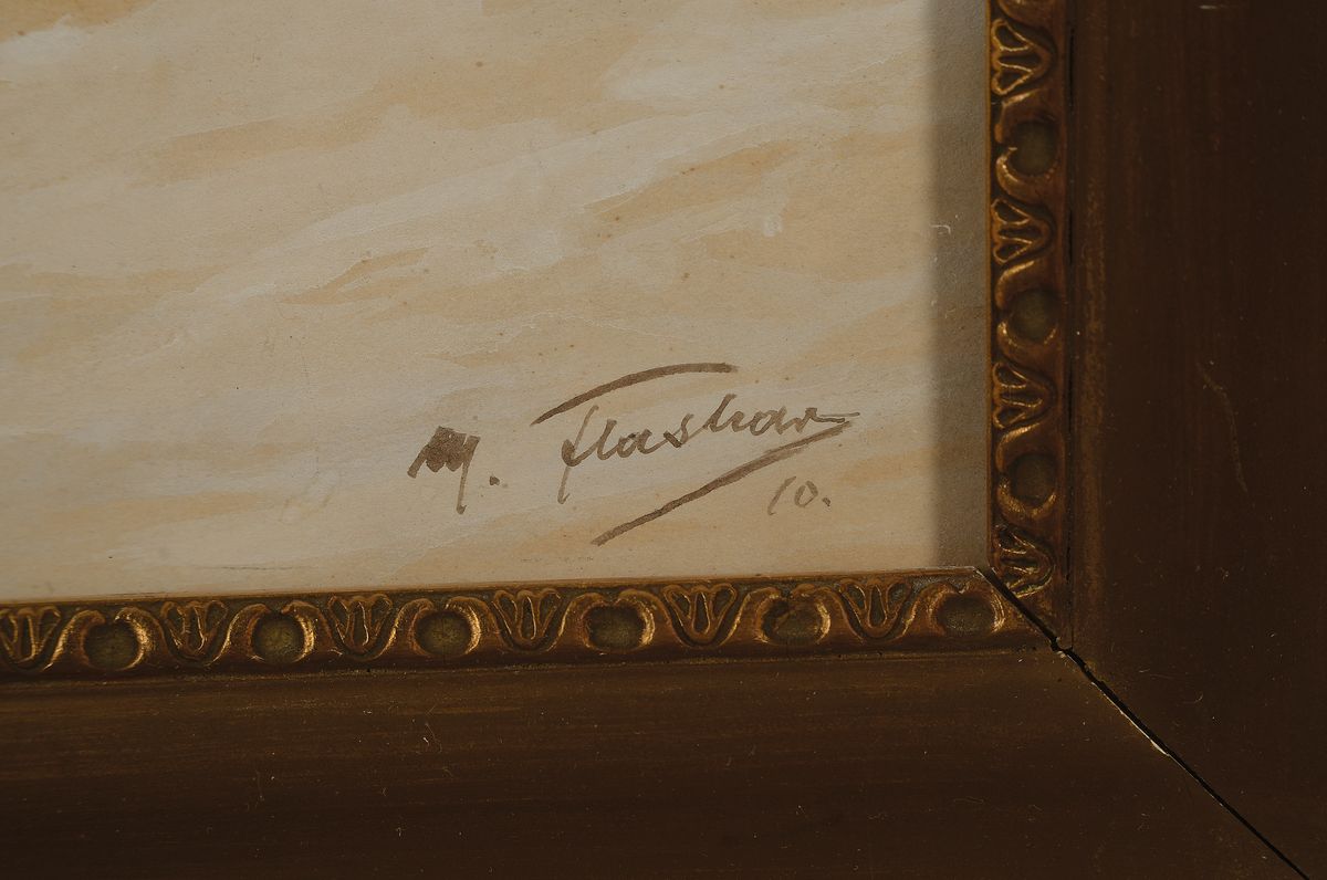 Detail a: Max Flashar, 1855 Berlin-1915 München, Verschneite Landschaft mit zwei Jäger im Gespräch mit einer jungen Bäuerin, feines Aquarell auf Papier, ...