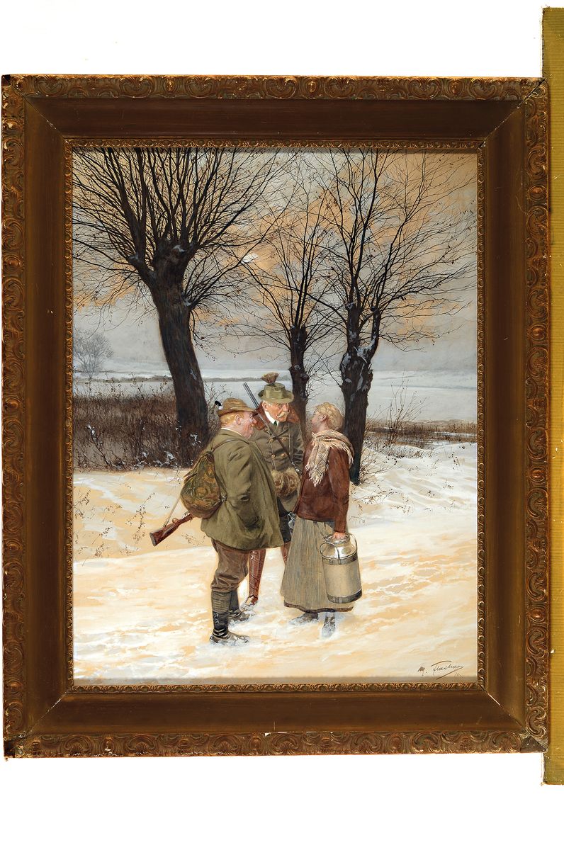 Detail k: Max Flashar, 1855 Berlin-1915 München, Verschneite Landschaft mit zwei Jäger im Gespräch mit einer jungen Bäuerin, feines Aquarell auf Papier, ...