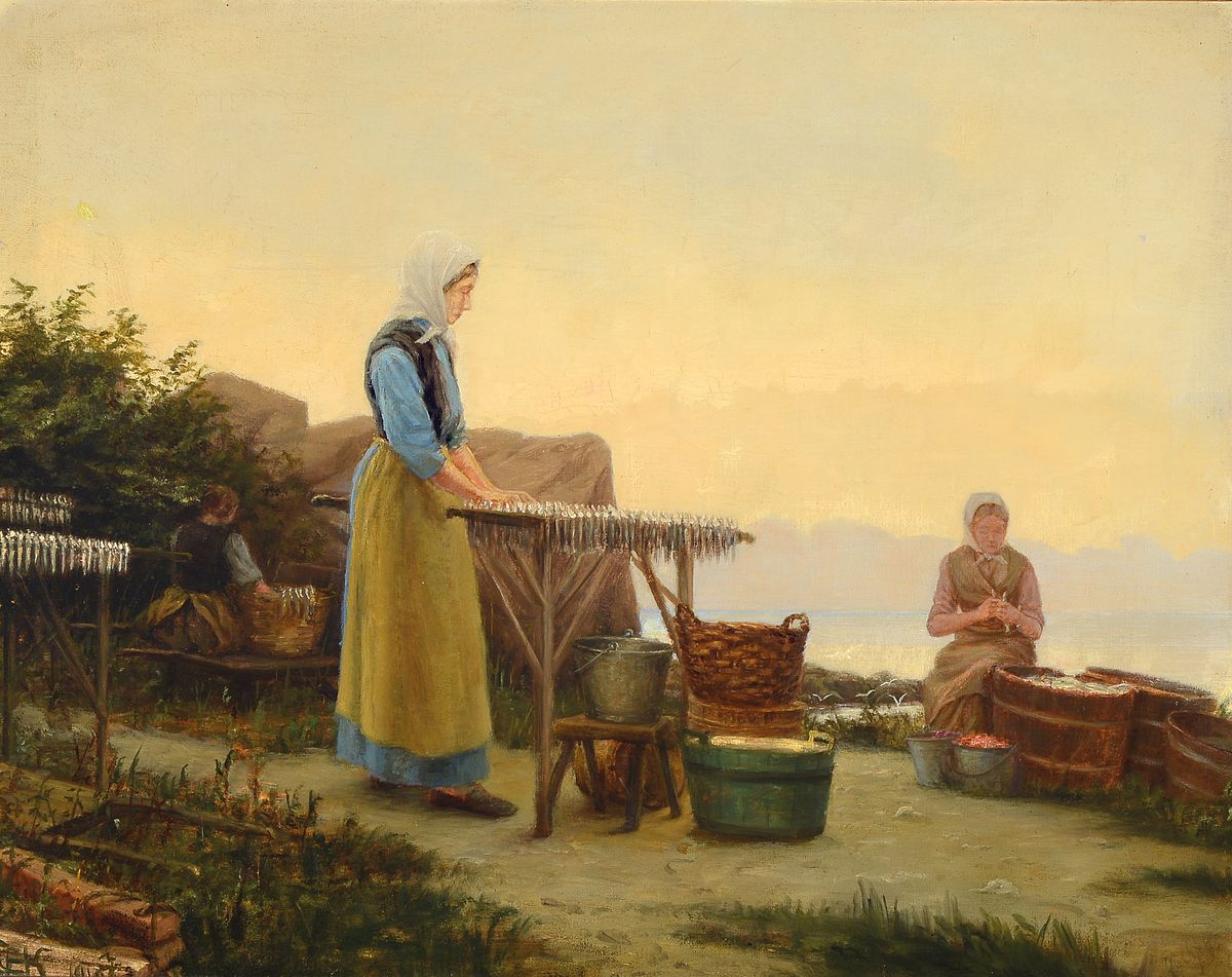Hans Christian Koefoed, Bornholm 1849-1921 St. Hans, Fischerfrauen beim Trocknen der Fische, Öl/Lwd, leicht besch., links unten monogr., ca. ...