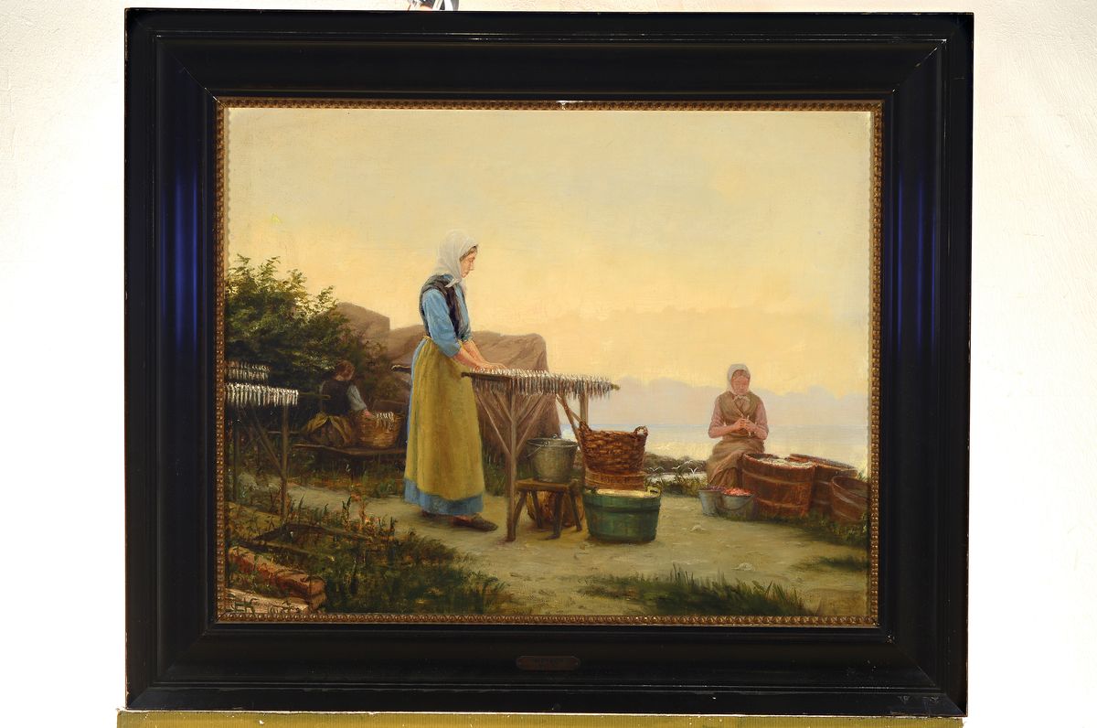 Detail k: Hans Christian Koefoed, Bornholm 1849-1921 St. Hans, Fischerfrauen beim Trocknen der Fische, Öl/Lwd, leicht besch., links unten monogr., ca. ...