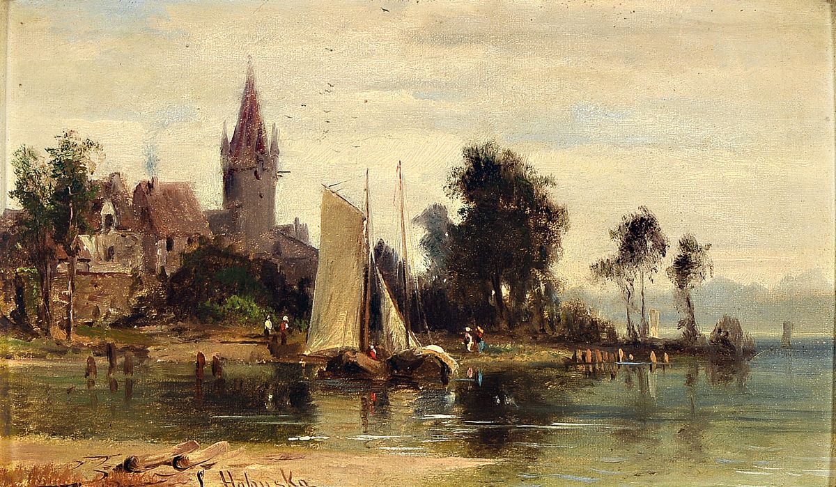 Ludwig Halauska, 1827 Waidhofen-1882 Wien, Uferlandschaft mit Ortschaft, Fischerboot und Personen, feine lasierende Malerei in Öl auf Holz, links ...