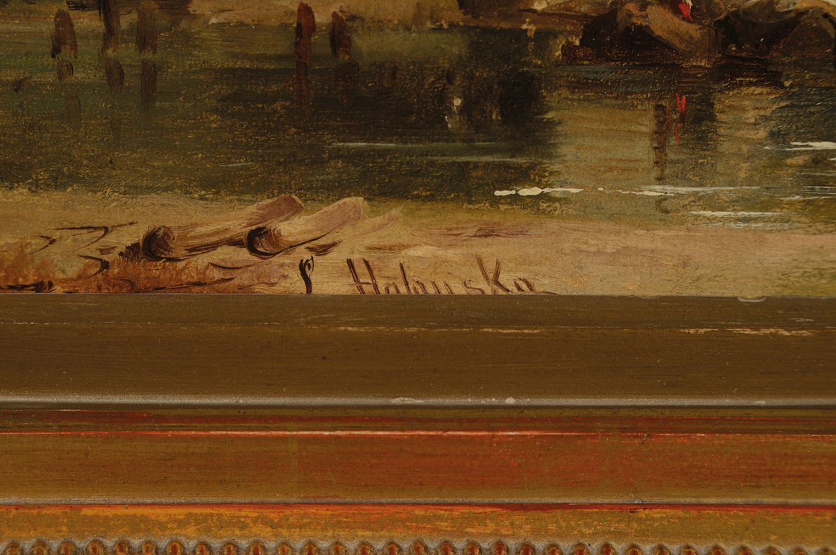 Detail a: Ludwig Halauska, 1827 Waidhofen-1882 Wien, Uferlandschaft mit Ortschaft, Fischerboot und Personen, feine lasierende Malerei in Öl auf Holz, links ...
