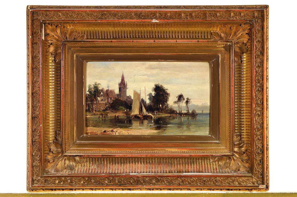 Detail k: Ludwig Halauska, 1827 Waidhofen-1882 Wien, Uferlandschaft mit Ortschaft, Fischerboot und Personen, feine lasierende Malerei in Öl auf Holz, links ...
