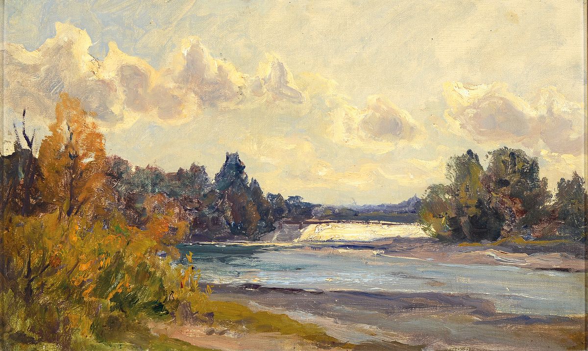 Zuschreibung: Paul Weber, 1823 Darmstadt-1916 München, Landschaft mit Flusslauf und Staustufe, Öl/Malkarton, ca. 26x42cm, R. ca. 34x50cm