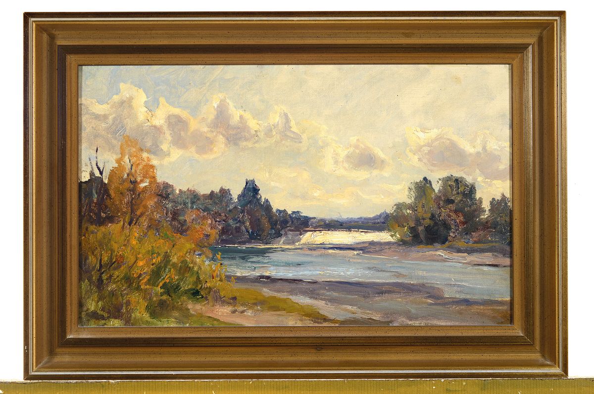 Detail k: Zuschreibung: Paul Weber, 1823 Darmstadt-1916 München, Landschaft mit Flusslauf und Staustufe, Öl/Malkarton, ca. 26x42cm, R. ca. 34x50cm