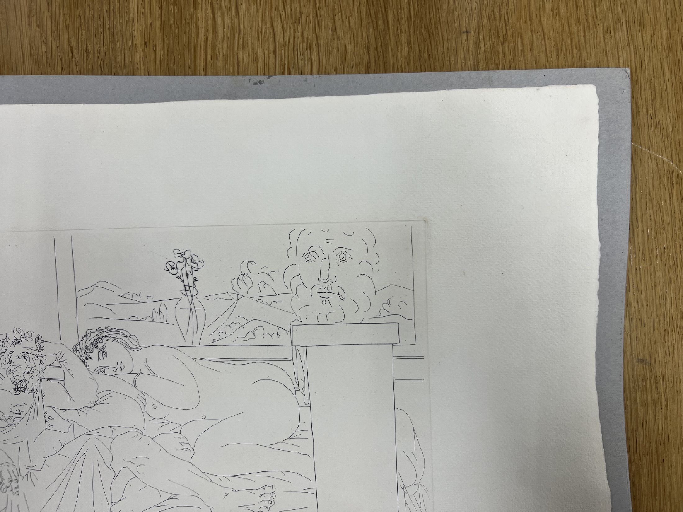 Detail d: Pablo Picasso, 1881-1973, Le repos du Sculpteur IV aus "La suite Vollard", 1933, Radierung auf Papier, Verge de Montval mit Wasserzeichen ...