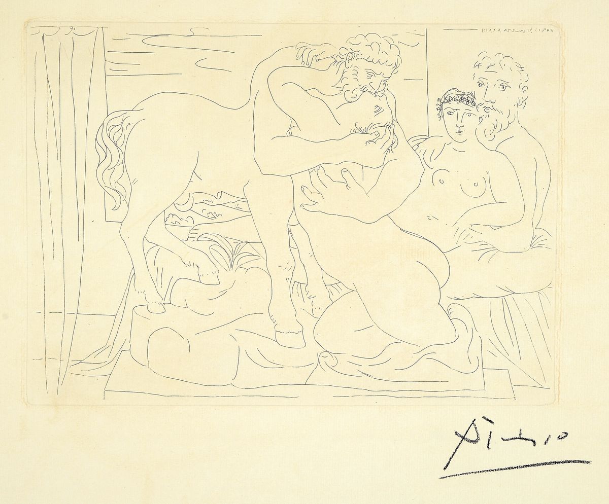 Pablo Picasso, 1881-1973, "Le Repos du Sculpteur devant un Centaure et une femme" aus "La suite Vollard", 1933 Radierung auf ...