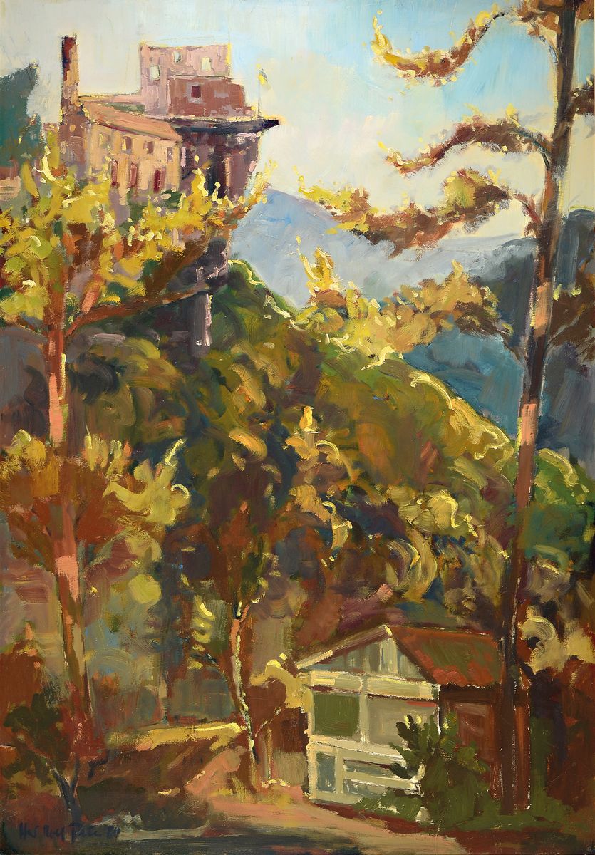 Hans Rolf Peter, 1926-2020 Neustadt a. d. Weinstraße, Burg Spangenberg im Herbst, so rückseitig betitelt und dat. 1980, Öl/Malkarton, links unten ...