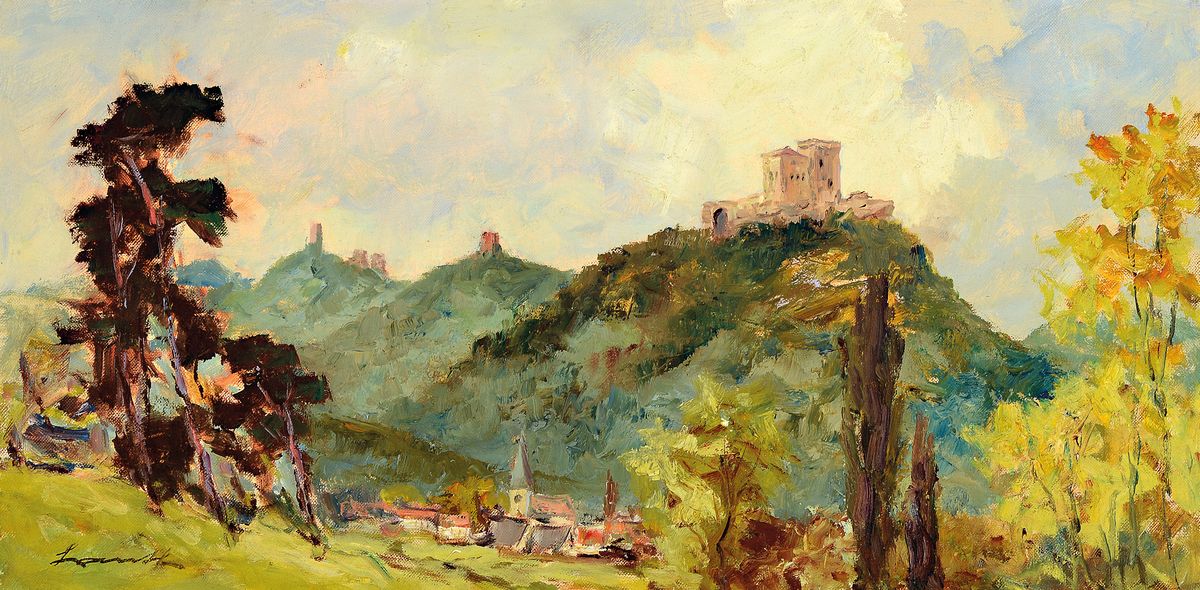 Robert Lauth, 1896-1985 Ludwigshafen am Rhein, Blick auf den Trifels, Öl/Lwd, links unten signiert, ca. 30x60cm, R. ca. 38x68cm