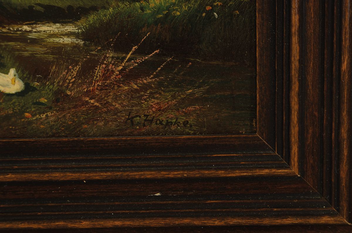 Detail a: Karl Hapke, 1876 Hersfeld-1955 Hannover, Bauernhof mit blühenden Bäumen und Enten, Öl/Malkarton, rechts unten signiert, ca. 22x18cm, R. ca. 33x28cm