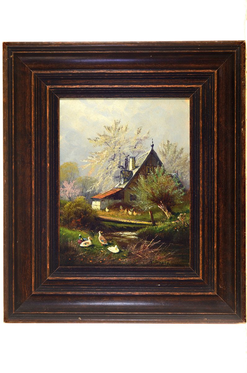 Detail k: Karl Hapke, 1876 Hersfeld-1955 Hannover, Bauernhof mit blühenden Bäumen und Enten, Öl/Malkarton, rechts unten signiert, ca. 22x18cm, R. ca. 33x28cm