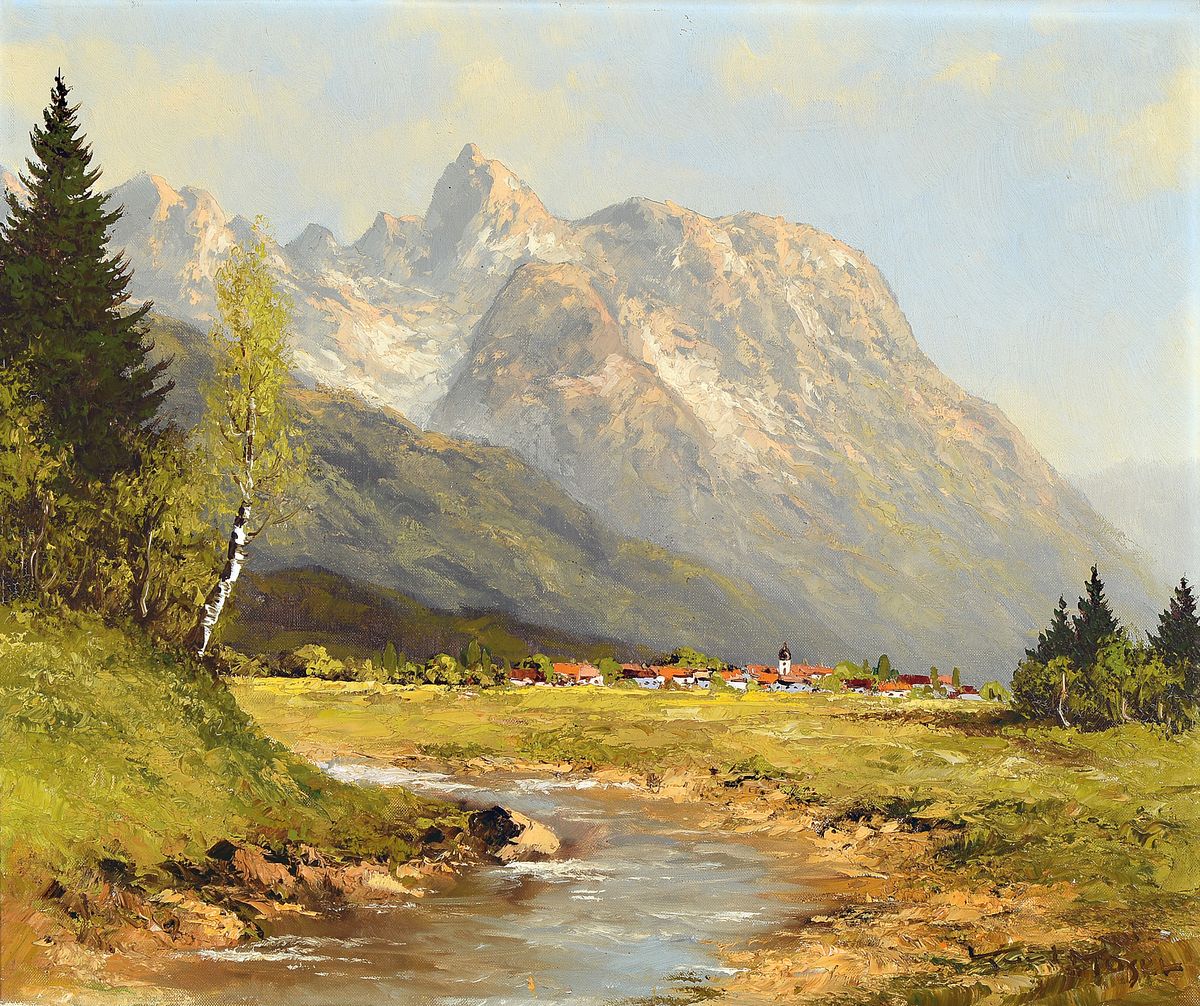 Kurt Moser, 1926 Regensburg-1982 München, Voralpenlandschaft, rückseitig betitelt Krün mit Karwendel, Öl/Lwd, rechts unten signiert, ca. 50x60cm, ...