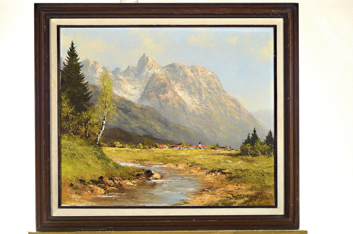 Detail k: Kurt Moser, 1926 Regensburg-1982 München, Voralpenlandschaft, rückseitig betitelt Krün mit Karwendel, Öl/Lwd, rechts unten signiert, ca. 50x60cm, ...