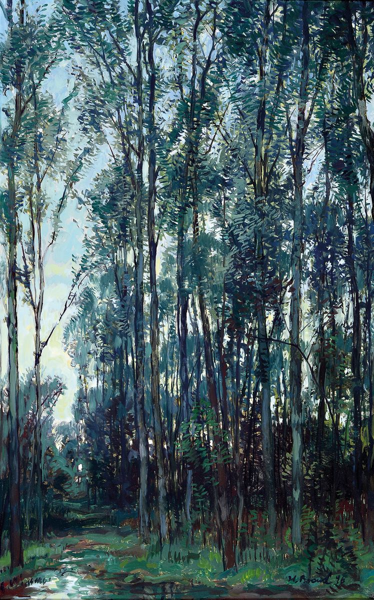 Werner Brand, 1933-2021, Pappeln im Gegenlicht, rückseitig auf Etikett so betitelt, Öl/Malkarton, signiert und dat. 96, ca. 65x 42cm, R. ca. 76x52cm