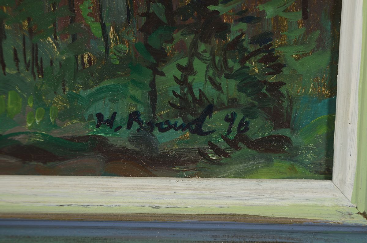 Detail a: Werner Brand, 1933-2021, Pappeln im Gegenlicht, rückseitig auf Etikett so betitelt, Öl/Malkarton, signiert und dat. 96, ca. 65x 42cm, R. ca. 76x52cm