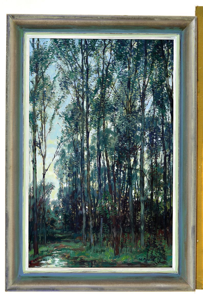 Detail k: Werner Brand, 1933-2021, Pappeln im Gegenlicht, rückseitig auf Etikett so betitelt, Öl/Malkarton, signiert und dat. 96, ca. 65x 42cm, R. ca. 76x52cm