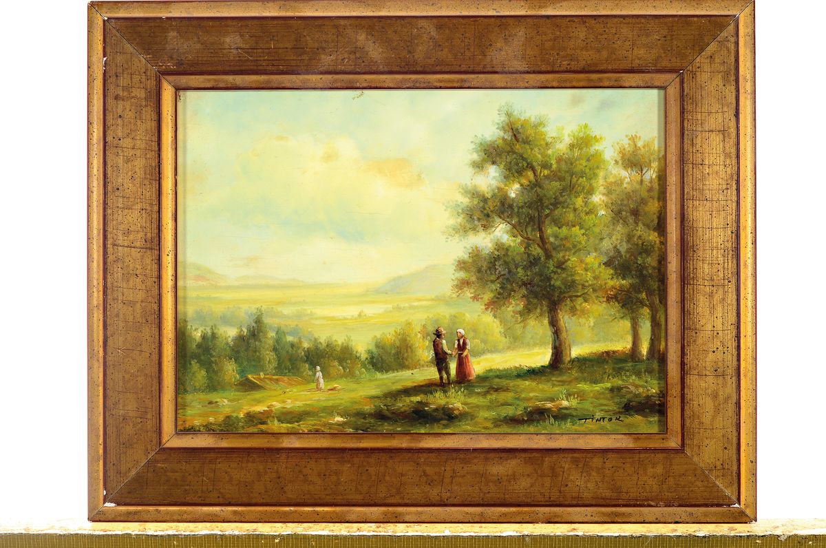 Detail k: Tintok (Antoine Exner), geb. 1927, Begegnung am Feldrand, Öl/Holz, rechts unten sign., ca. 13x18cm, R. ca. 18x23cm