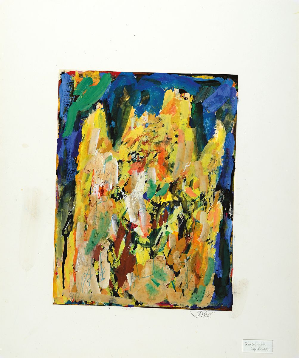 Friedrich Jossé, 1897 Wolfstein-1994 Speyer, Rätselhafte Sprünge, Gouache auf Papier, rechts unten signiert, ca. 38x28cm, u.Gl., R. ca. 63x53cm