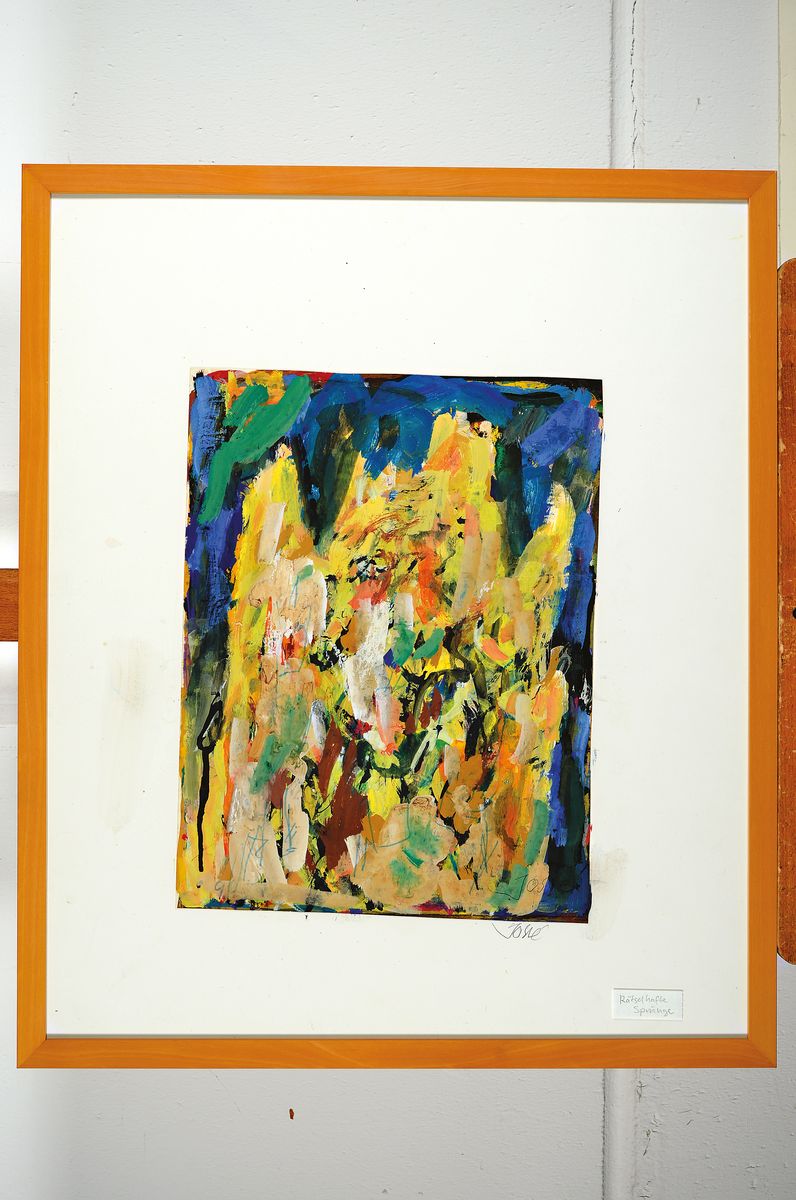 Detail k: Friedrich Jossé, 1897 Wolfstein-1994 Speyer, Rätselhafte Sprünge, Gouache auf Papier, rechts unten signiert, ca. 38x28cm, u.Gl., R. ca. 63x53cm